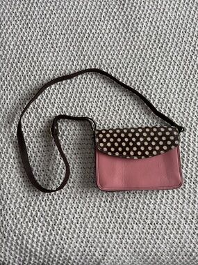 Handmade bag from France - Pink/Brown Leather/Hide Crossbody Handbag Polka Dot